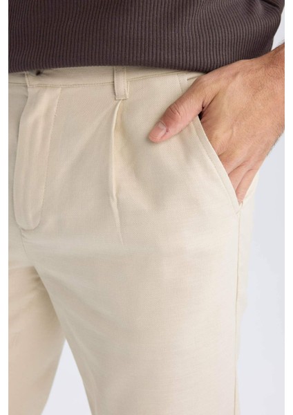 %100 Pamuk Relax Fit Rahat Kesim Düz Paça Keten Görünümlü Yazlık Kumaş Pantolon D4251AX25SM