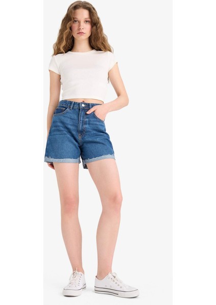 Mom Fit Yüksek Bel Paçası Katlamalı Fit Jean Şort E0924AX25SM