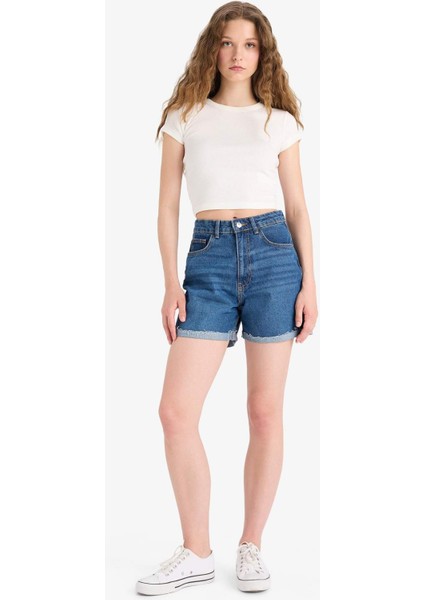 Mom Fit Yüksek Bel Paçası Katlamalı Fit Jean Şort E0924AX25SM