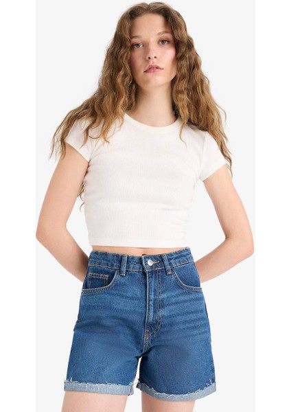 Mom Fit Yüksek Bel Paçası Katlamalı Fit Jean Şort E0924AX25SM