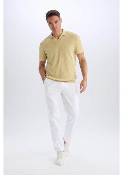 %100 Pamuk Relax Fit Rahat Kesim Düz Paça Keten Görünümlü Yazlık Beyaz Kumaş Pantolon D4251AX25SM