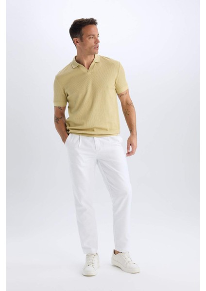 %100 Pamuk Relax Fit Rahat Kesim Düz Paça Keten Görünümlü Yazlık Beyaz Kumaş Pantolon D4251AX25SM