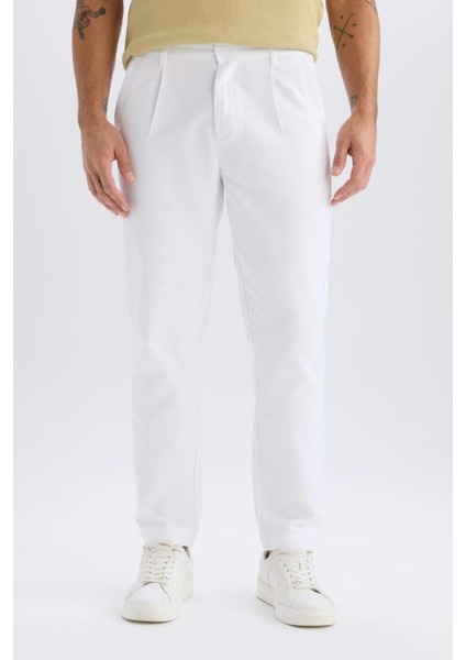 %100 Pamuk Relax Fit Rahat Kesim Düz Paça Keten Görünümlü Yazlık Beyaz Kumaş Pantolon D4251AX25SM