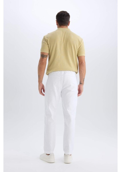 %100 Pamuk Relax Fit Rahat Kesim Düz Paça Keten Görünümlü Yazlık Beyaz Kumaş Pantolon D4251AX25SM