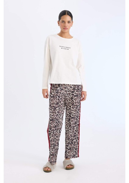 Pijama Takımı Regular Fit Uzun Kollu Baskılı Üst Leopar Desenli Uzun Alt-Fall in Love E2352AX24WN