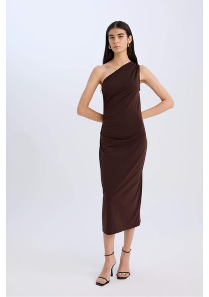 Bodycon Vücudu Saran Basic Düz Tek Omuzlu Midi Elbise E2469AX24WN