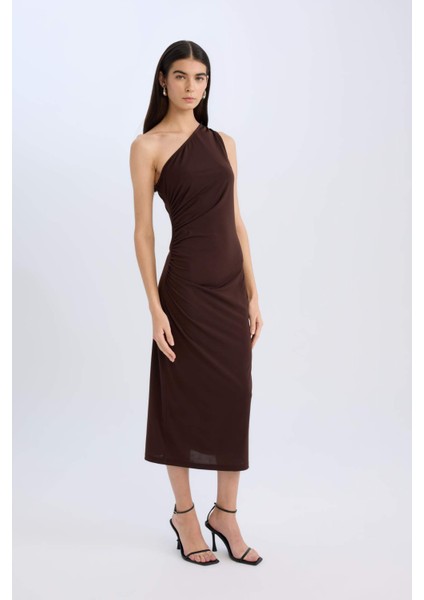 Bodycon Vücudu Saran Basic Düz Tek Omuzlu Midi Elbise E2469AX24WN