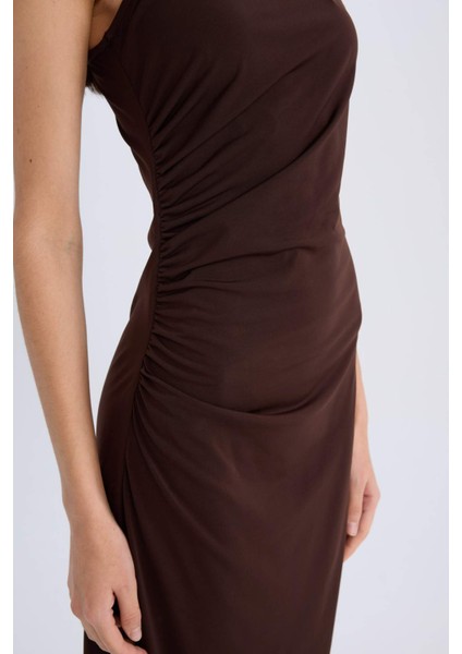 Bodycon Vücudu Saran Basic Düz Tek Omuzlu Midi Elbise E2469AX24WN