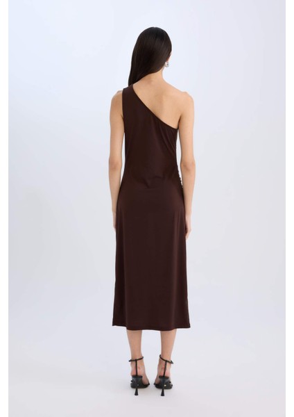 Bodycon Vücudu Saran Basic Düz Tek Omuzlu Midi Elbise E2469AX24WN