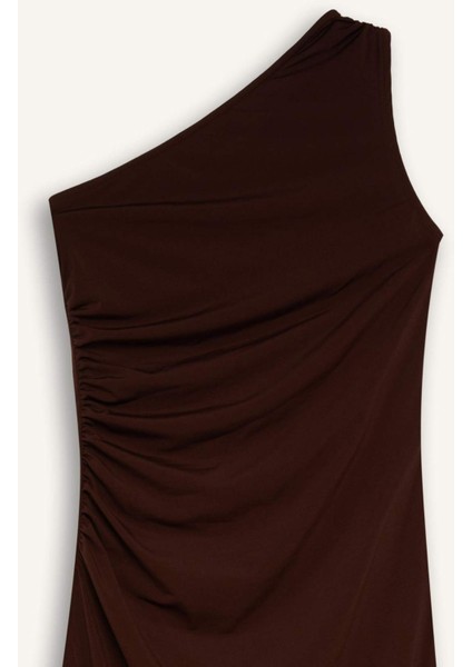 Bodycon Vücudu Saran Basic Düz Tek Omuzlu Midi Elbise E2469AX24WN