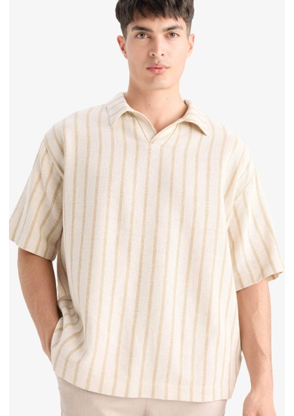 Oversize Geniş Kalıp Polo Yaka Çizgili Kısa Kollu Gömlek C7062AX25SM
