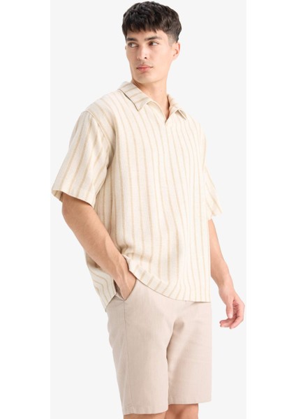 Oversize Geniş Kalıp Polo Yaka Çizgili Kısa Kollu Gömlek C7062AX25SM