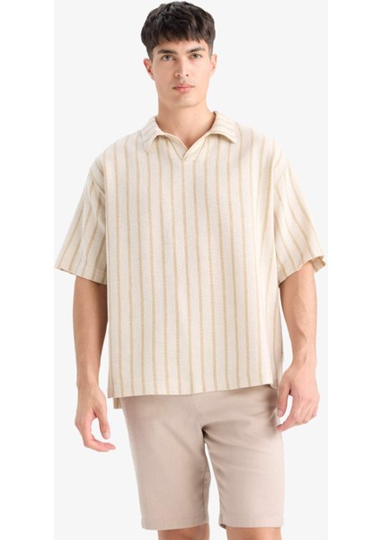 Oversize Geniş Kalıp Polo Yaka Çizgili Kısa Kollu Gömlek C7062AX25SM