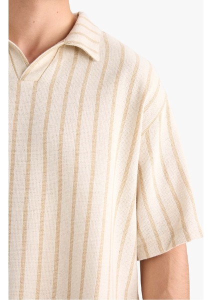 Oversize Geniş Kalıp Polo Yaka Çizgili Kısa Kollu Gömlek C7062AX25SM