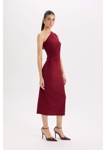 Bodycon Vücudu Saran Basic Düz Tek Omuzlu Bordo Midi Elbise E2469AX24WN