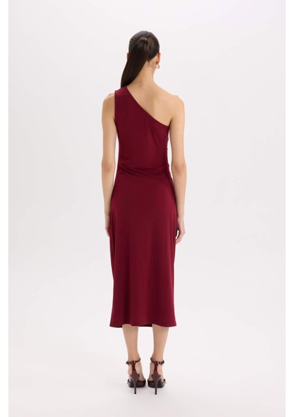 Bodycon Vücudu Saran Basic Düz Tek Omuzlu Bordo Midi Elbise E2469AX24WN