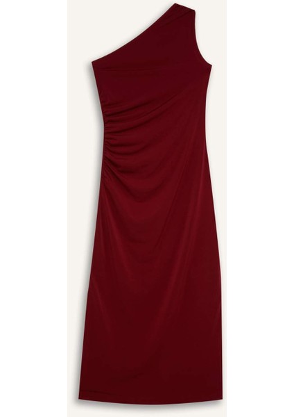 Bodycon Vücudu Saran Basic Düz Tek Omuzlu Bordo Midi Elbise E2469AX24WN