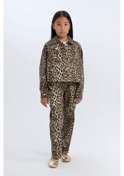Kız Çocuk Leopar Desenli 90's Wide Leg Düz Paça Gabardin Pantolon E2778A824WN