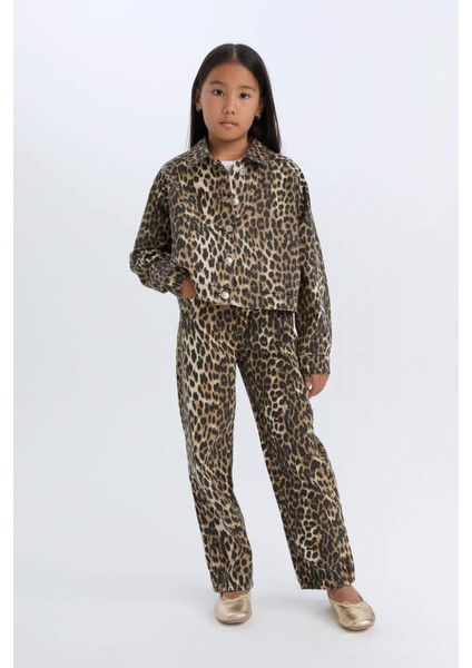 Kız Çocuk Leopar Desenli 90's Wide Leg Düz Paça Gabardin Pantolon E2778A824WN