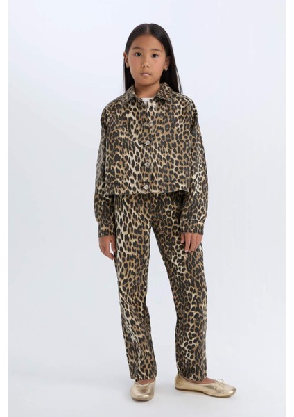 Kız Çocuk Leopar Desenli 90's Wide Leg Düz Paça Gabardin Pantolon E2778A824WN