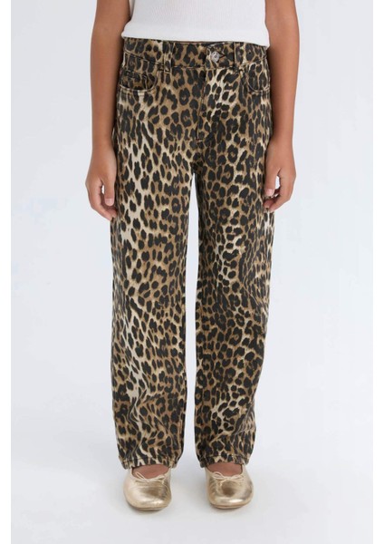 Kız Çocuk Leopar Desenli 90's Wide Leg Düz Paça Gabardin Pantolon E2778A824WN
