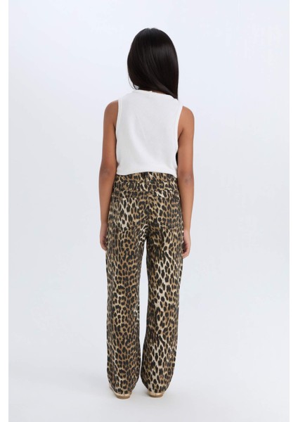 Kız Çocuk Leopar Desenli 90's Wide Leg Düz Paça Gabardin Pantolon E2778A824WN