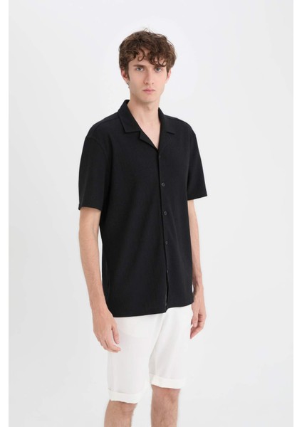 Modern Fit Polo Yaka Dokulu Penye Kısa Kollu Siyah Gömlek C4125AX25SM