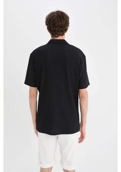 Modern Fit Polo Yaka Dokulu Penye Kısa Kollu Siyah Gömlek C4125AX25SM