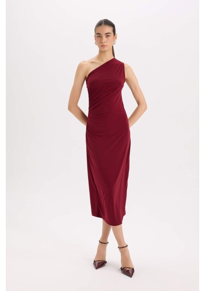 Bodycon Vücudu Saran Basic Düz Tek Omuzlu Bordo Midi Elbise E2469AX24WN