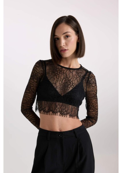 Crop Bisiklet Yaka Dantel Uzun Kollu Bluz E0210AX24AU