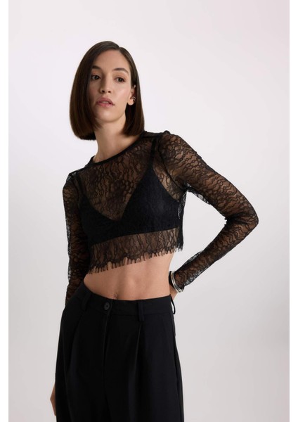 Crop Bisiklet Yaka Dantel Uzun Kollu Bluz E0210AX24AU