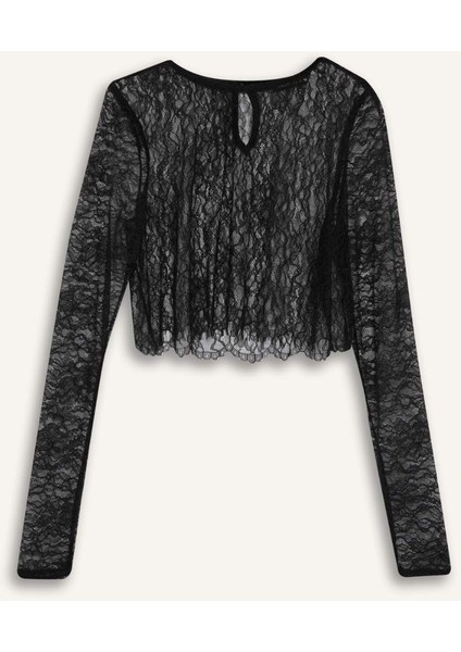 Crop Bisiklet Yaka Dantel Uzun Kollu Bluz E0210AX24AU
