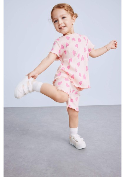 Kız Bebek 2'li Takım Desenli Fitilli Kaşkorse Kısa Kollu Tişört Şort