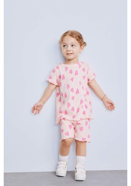 Kız Bebek 2'li Takım Desenli Fitilli Kaşkorse Kısa Kollu Tişört Şort