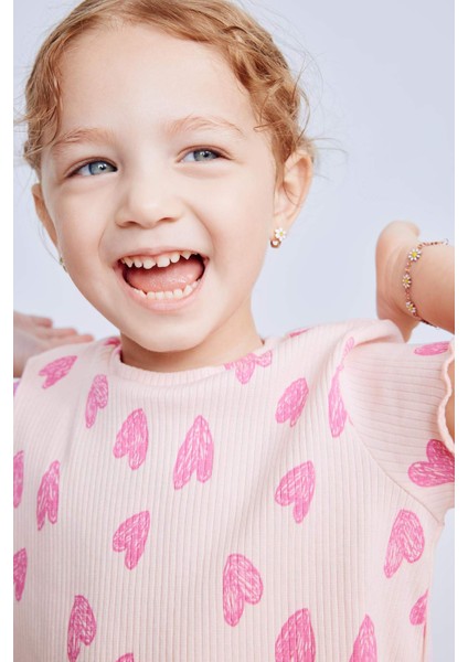 Kız Bebek 2'li Takım Desenli Fitilli Kaşkorse Kısa Kollu Tişört Şort