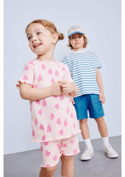 Kız Bebek 2'li Takım Desenli Fitilli Kaşkorse Kısa Kollu Tişört Şort