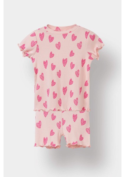 Kız Bebek 2'li Takım Desenli Fitilli Kaşkorse Kısa Kollu Tişört Şort