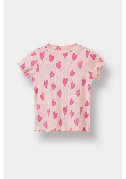 Kız Bebek 2'li Takım Desenli Fitilli Kaşkorse Kısa Kollu Tişört Şort