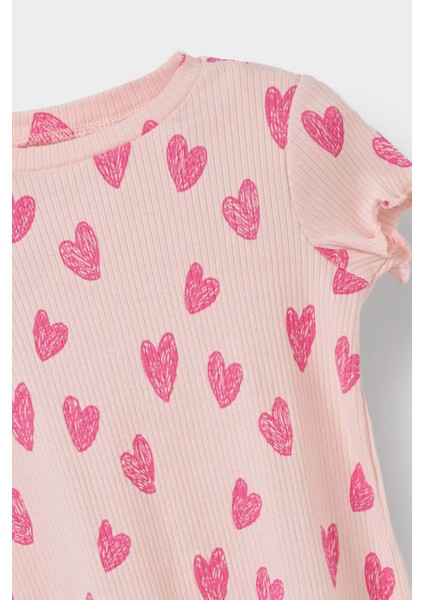 Kız Bebek 2'li Takım Desenli Fitilli Kaşkorse Kısa Kollu Tişört Şort