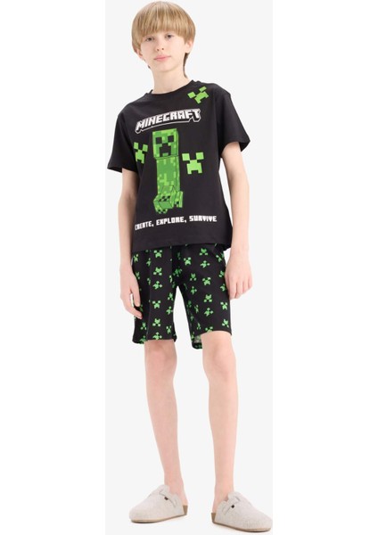 Erkek Çocuk Minecraft Pijama Takımı Kısa Kollu Üst Beli Lastikli Şort