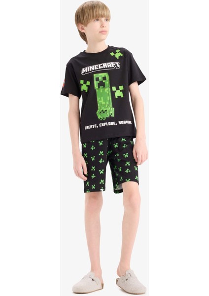 Erkek Çocuk Minecraft Pijama Takımı Kısa Kollu Üst Beli Lastikli Şort