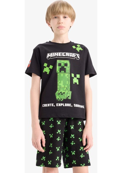 Erkek Çocuk Minecraft Pijama Takımı Kısa Kollu Üst Beli Lastikli Şort
