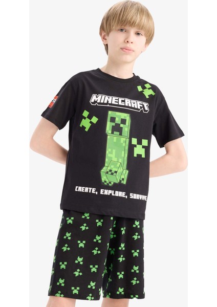 Erkek Çocuk Minecraft Pijama Takımı Kısa Kollu Üst Beli Lastikli Şort