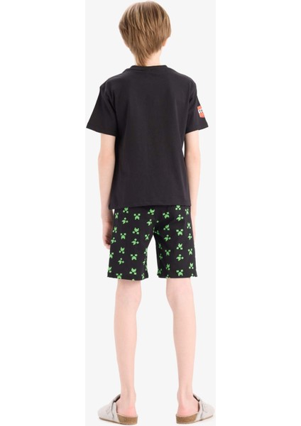 Erkek Çocuk Minecraft Pijama Takımı Kısa Kollu Üst Beli Lastikli Şort