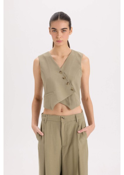 Regular Fit V Yaka Çapraz Düğmeli Tensel Blazer Yelek D4568AX24AU