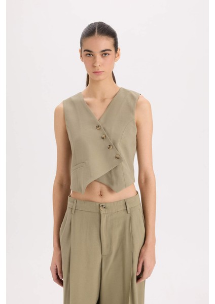 Regular Fit V Yaka Çapraz Düğmeli Tensel Blazer Yelek D4568AX24AU