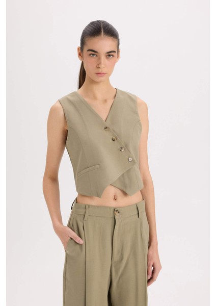 Regular Fit V Yaka Çapraz Düğmeli Tensel Blazer Yelek D4568AX24AU