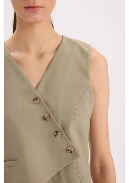 Regular Fit V Yaka Çapraz Düğmeli Tensel Blazer Yelek D4568AX24AU