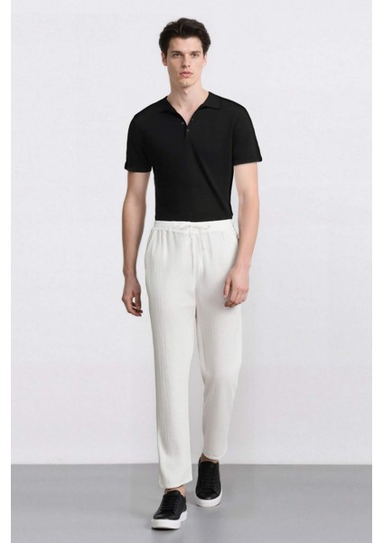 %100 Pamuk Keten Görünümlü Pantolon Beli Lastikli Slim Fit Dar Kesim Cepli Düz Paça D2671AX25SM