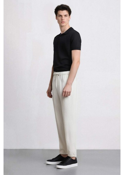 %100 Pamuk Keten Görünümlü Pantolon Beli Lastikli Slim Fit Dar Kesim Cepli Düz Paça D2671AX25SM